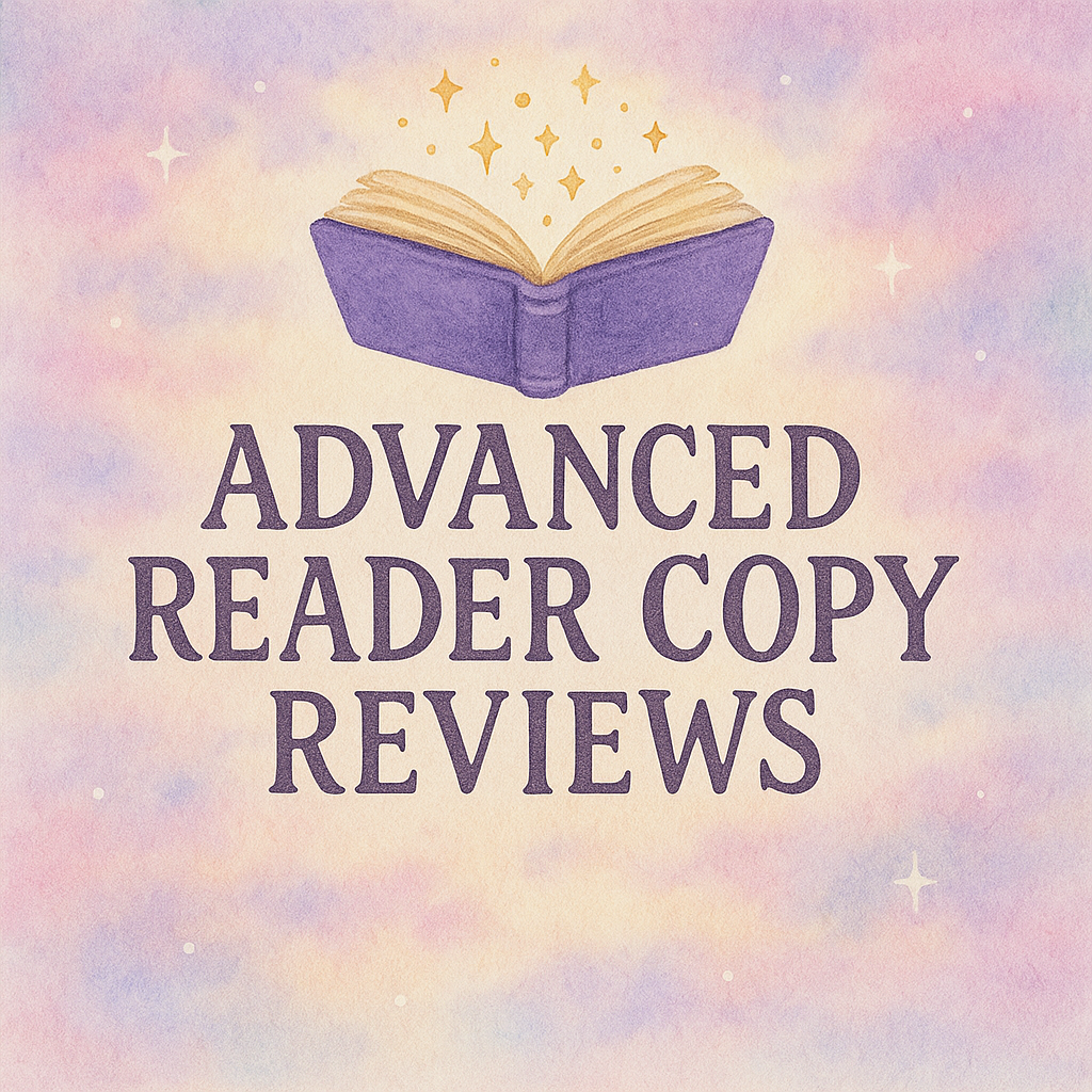 Square watercolor illustration with a pastel background in soft pinks, purples, and blues. At the top is a closed purple book with three golden stars rising above it. Below, in bold purple serif text, are the words “Advanced Reader Copy Reviews.” The overall design is dreamy and whimsical, reflecting a cozy, bookish aesthetic.