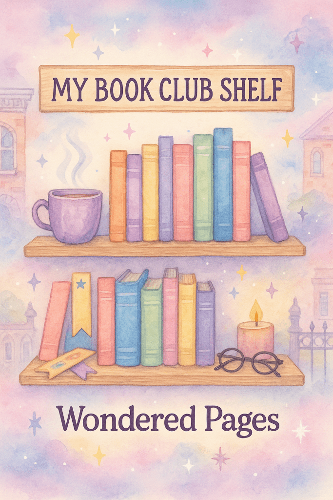 Watercolor illustration of two cozy wooden bookshelves against a pastel sky background. The top shelf features colorful books, a purple mug with steam, and a wooden sign that reads “My Book Club Shelf.” The bottom shelf holds more books, a glowing candle, a pair of glasses, and bookmarks. The words “Wondered Pages” appear at the bottom, surrounded by soft stars and dreamy architecture.