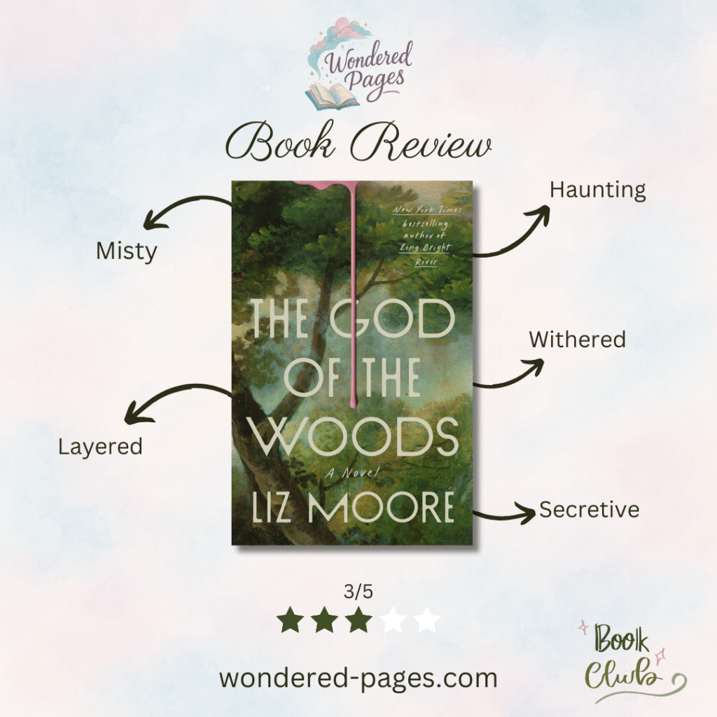 A graphic from Wondered Pages featuring a book review for The God of the Woods by Liz Moore. The book cover is centered with five one-word descriptors pointing to it: “Misty,” “Layered,” “Haunting,” “Withered,” and “Secretive.” At the bottom, a 3 out of 5 star rating is displayed along with the website wondered-pages.com and a “Book Club” icon. The background is a soft pastel blend of blue, pink, and white.
