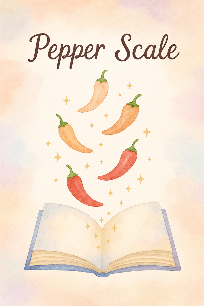 Watercolor illustration of an open book with soft pastel pages and a blue spine. Above the book, six chili peppers in a gradient from peach to red rise upward, surrounded by golden sparkles. The background is a warm pastel wash of peach, lavender, and blue. At the top, the text “Pepper Scale” appears in whimsical brown script.