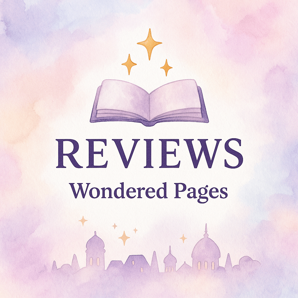 Pastel watercolor-style illustration with an open book and sparkles above it. Below the book, the text reads ‘REVIEWS’ and ‘Wondered Pages’. A soft, dreamy skyline of domed buildings runs along the bottom edge.