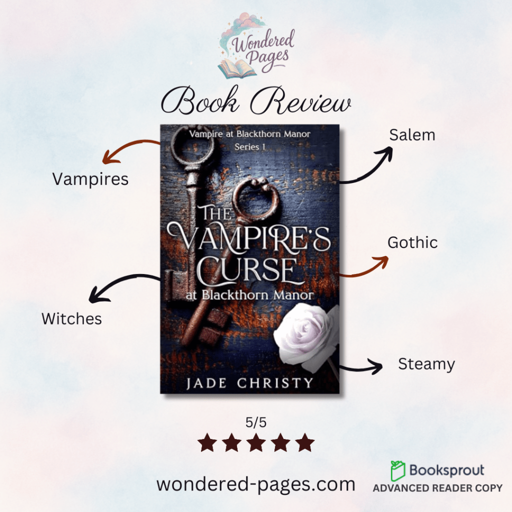 A book review graphic for The Vampire’s Curse at Blackthorn Manor by Jade Christy, created by Wondered Pages. The book cover shows old-fashioned keys on a dark wooden surface with a pale rose in the corner. Surrounding the cover are labels pointing to keywords: “Vampires,” “Witches,” “Salem,” “Gothic,” and “Steamy.” The graphic rates the book 5 out of 5 stars, and the website wondered-pages.com appears at the bottom. The background is a soft watercolor gradient.