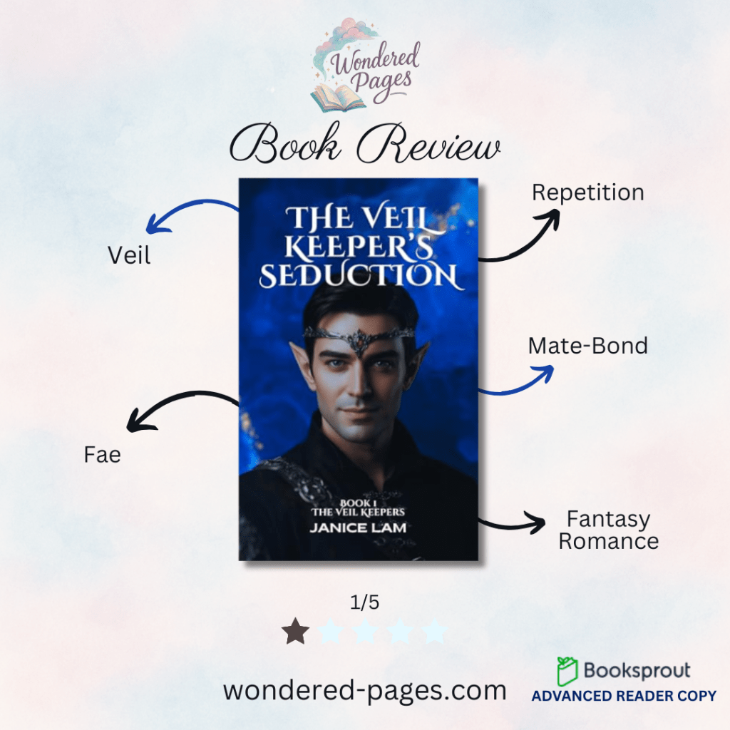 A book review graphic from Wondered Pages for The Veil Keeper’s Seduction by Janice Lam. The book cover shows a dark-haired, elf-eared man in regal clothing with a silver circlet, set against a blue magical background. Around the cover are labeled keywords: “Veil,” “Fae,” “Repetition,” “Mate-Bond,” and “Fantasy Romance.” The rating displayed is 1 out of 5 stars. The bottom of the image includes the Booksprout Advanced Reader Copy logo and the website wondered-pages.com.