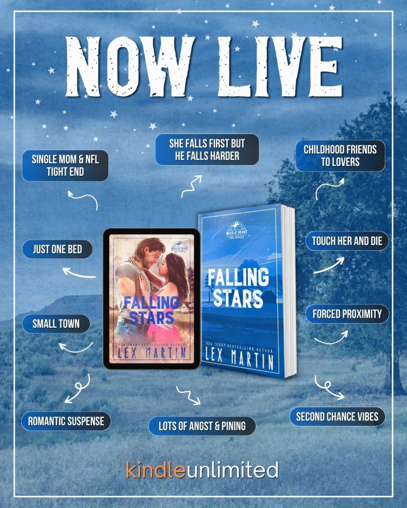 Promotional image for Falling Stars by Lex Martin, highlighting romantic tropes like second chance romance, single mom, NFL tight end, childhood friends to lovers, forced proximity, and romantic suspense. Available now on Kindle Unlimited.