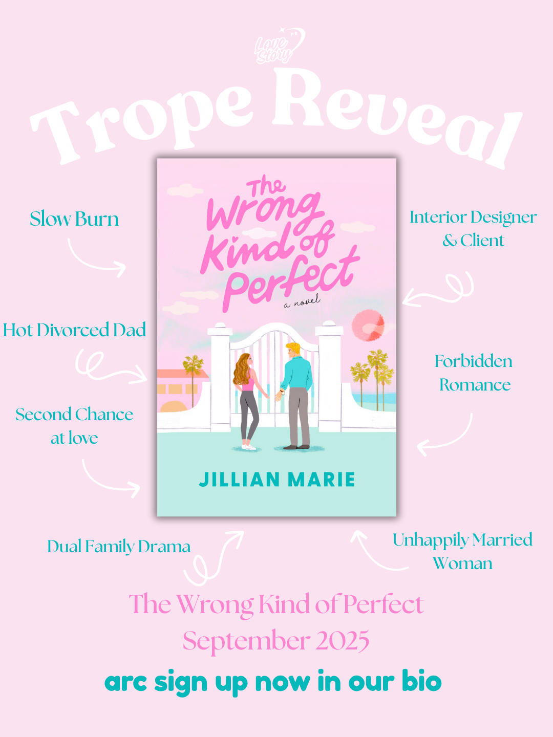 Trope reveal graphic for The Wrong Kind of Perfect by Jillian Marie. Central image shows the illustrated book cover surrounded by listed tropes including: Slow Burn, Hot Divorced Dad, Second Chance at Love, Interior Designer & Client, Forbidden Romance, Unhappily Married Woman, and Dual Family Drama. Text notes the book releases in September 2025 with ARC sign-ups open now.