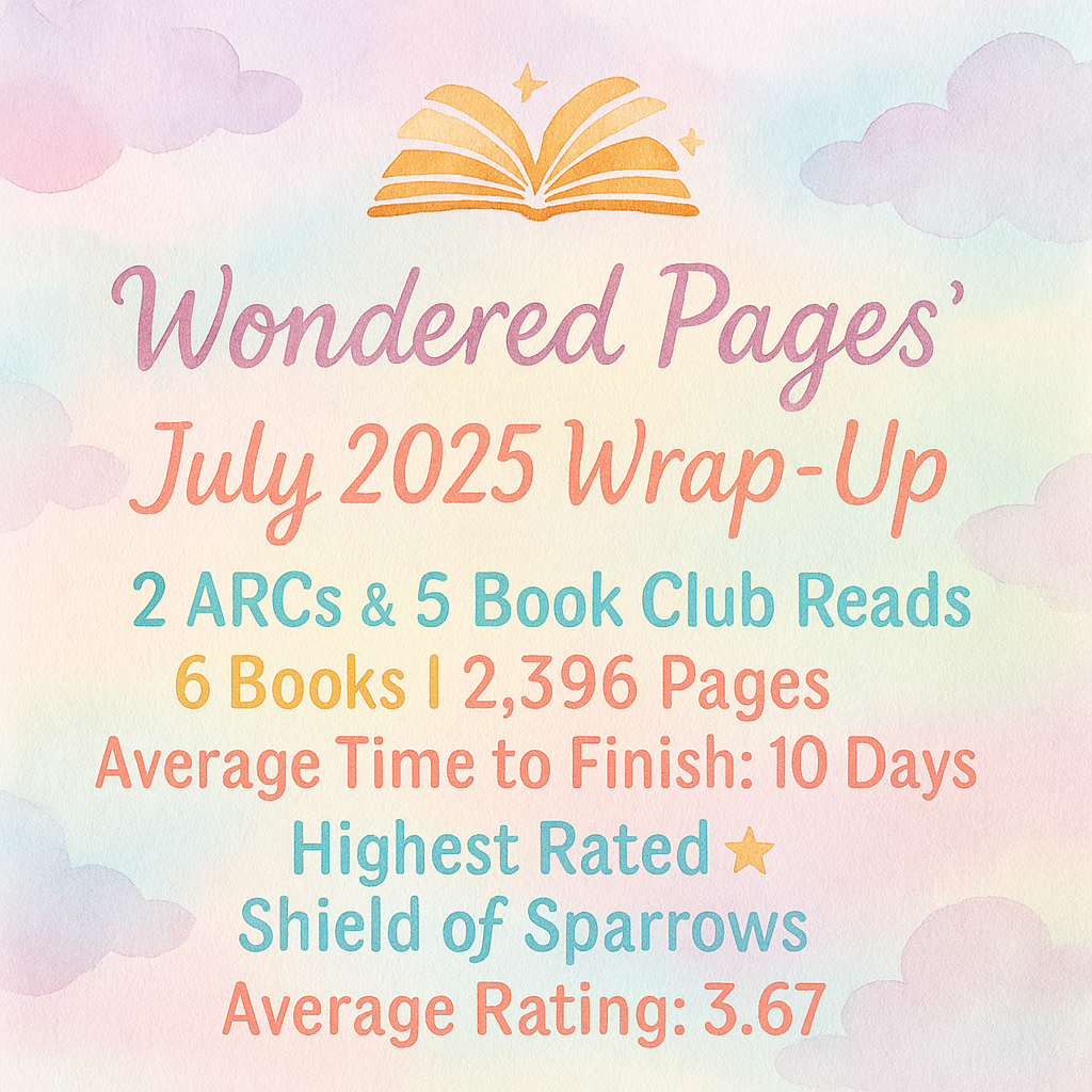 A dreamy watercolor-style square graphic with soft pastel clouds in shades of lavender, pink, and gold. At the top, an open book floats with golden stars above it. In whimsical hand-drawn typography, the text reads: "@wonderedpages's July 2025 Wrap-Up." Below, in jewel-toned gradients, the stats are listed: "2 ARCs & 5 Book Club Reads," "6 Books | 2,396 Pages," "Average Time to Finish: 10 Days," "Highest Rated ★ Shield of Sparrows," and "Average Rating: 3.67."