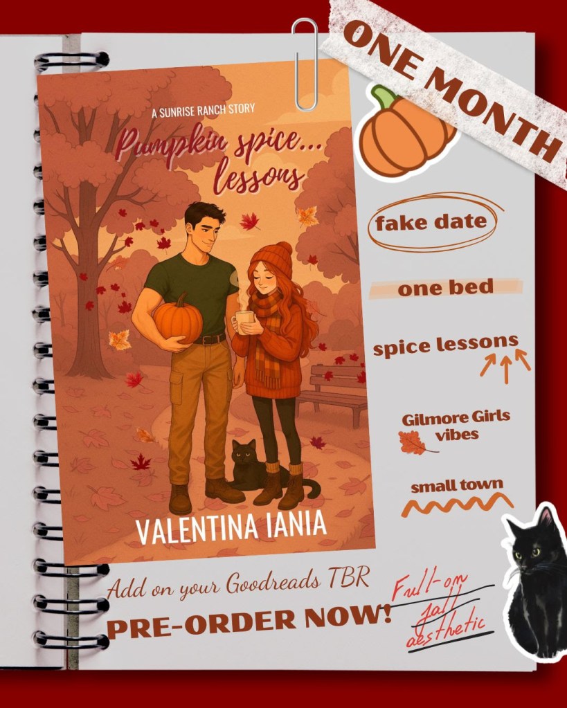 Autumn romance book cover for Pumpkin Spice by Valentina Iania featuring a cozy small-town couple surrounded by fall foliage, pumpkins, and a black cat. Includes book tropes like fake dating, one bed, and fall competition.