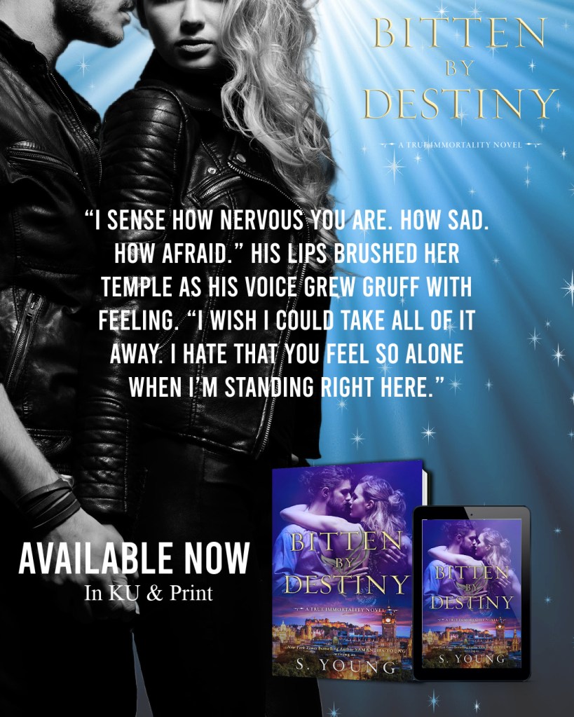 Promotional graphic for Bitten by Destiny by Samantha Young featuring a leather-clad couple in a dramatic embrace with glowing blue stars, alongside the book and ebook cover.