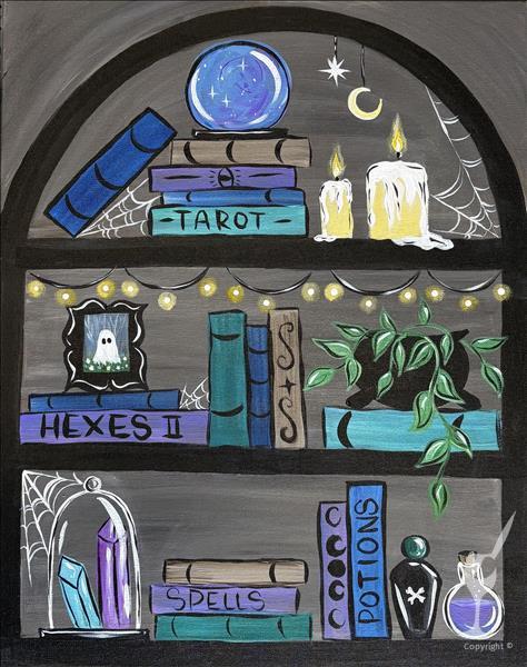 Witches High Tea and Paint artwork of a spooky bookshelf with tarot books, potions, candles, crystals, cobwebs, and string lights in moody colors.