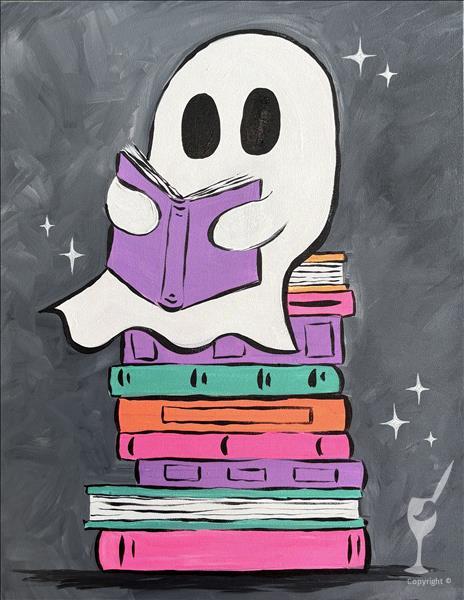 Haunted by My TBR painting class artwork showing a cute white ghost reading atop a colorful stack of books on a starry gray background.