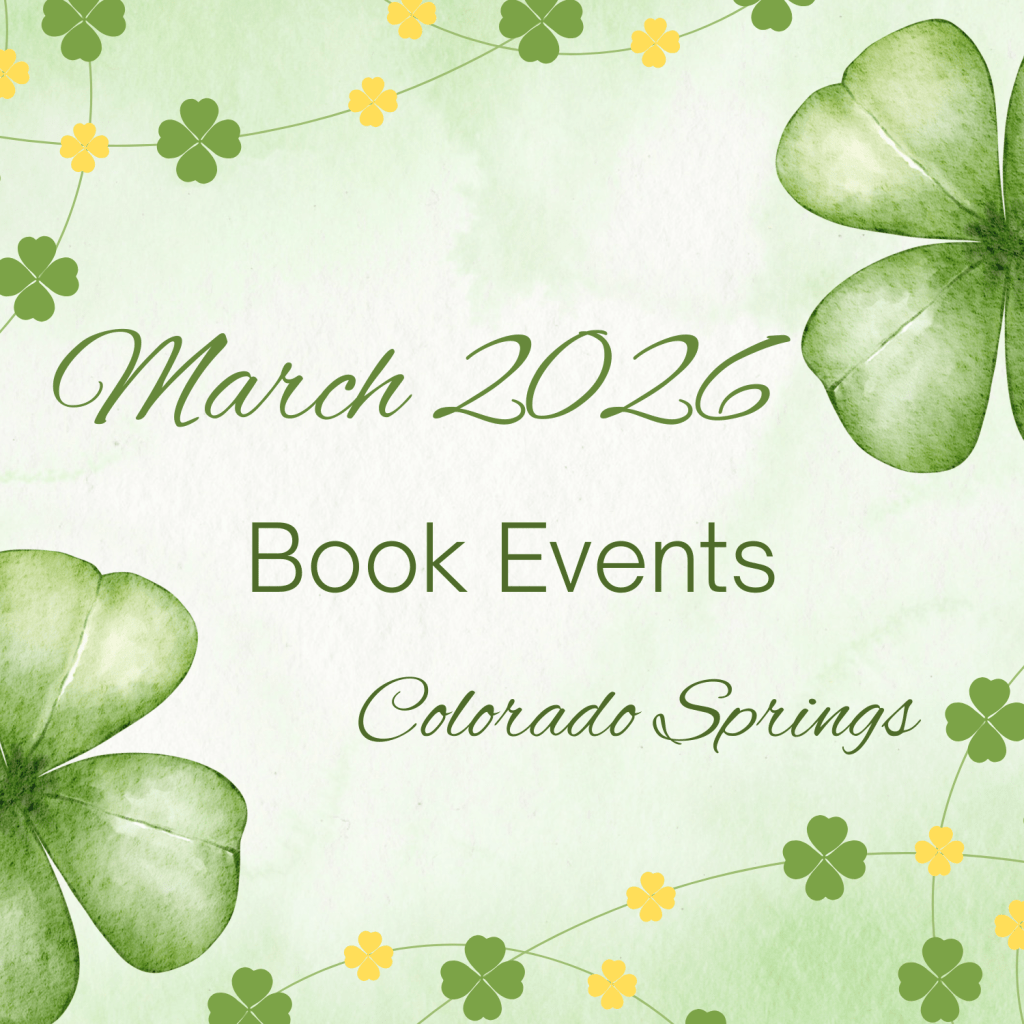Green watercolor graphic with shamrocks and floral garland reading “March 2026 Book Events – Colorado Springs.”